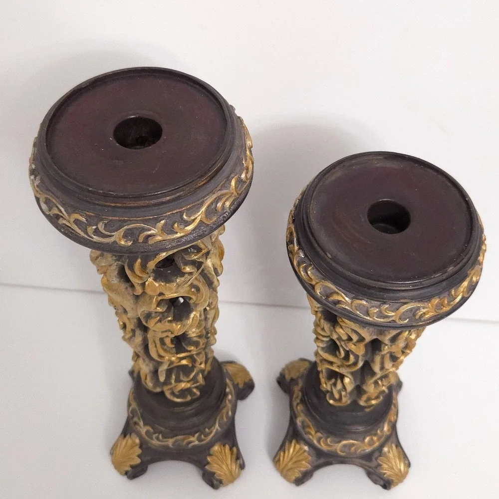 Brown & Gold Ornate Carved Scroll Pillar Candle Holders (Set of 2)